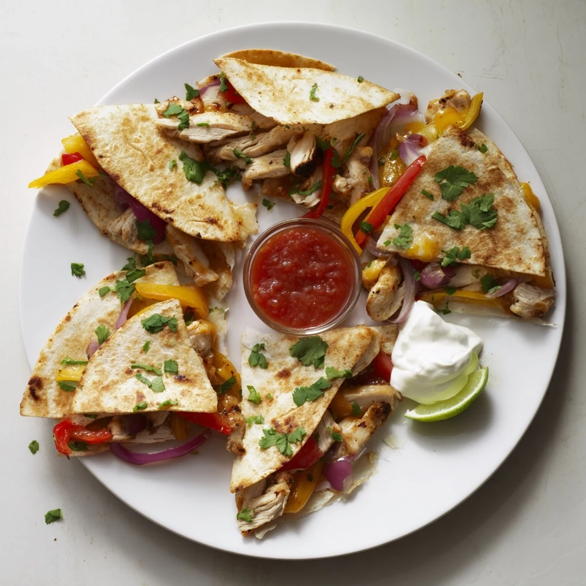 A skillet of sizzling Chicken Quesadillas with Peppers shows colorful bell peppers and melted Monterey Jack.