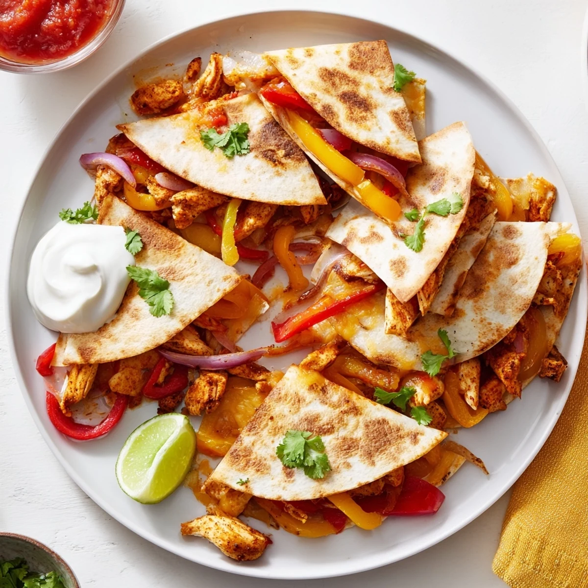 Melted cheese oozes from a crispy Chicken Quesadilla with Peppers, served with a side of salsa.