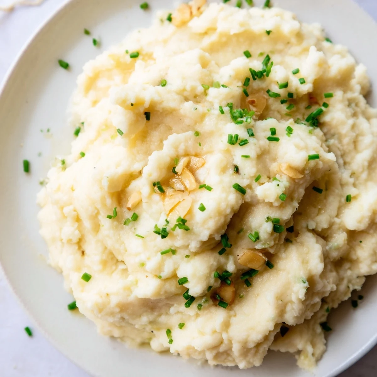 Creamy roasted garlic mashed cauliflower served warm in a rustic ceramic bowl, garnished with fresh chives for a low-carb side dish.