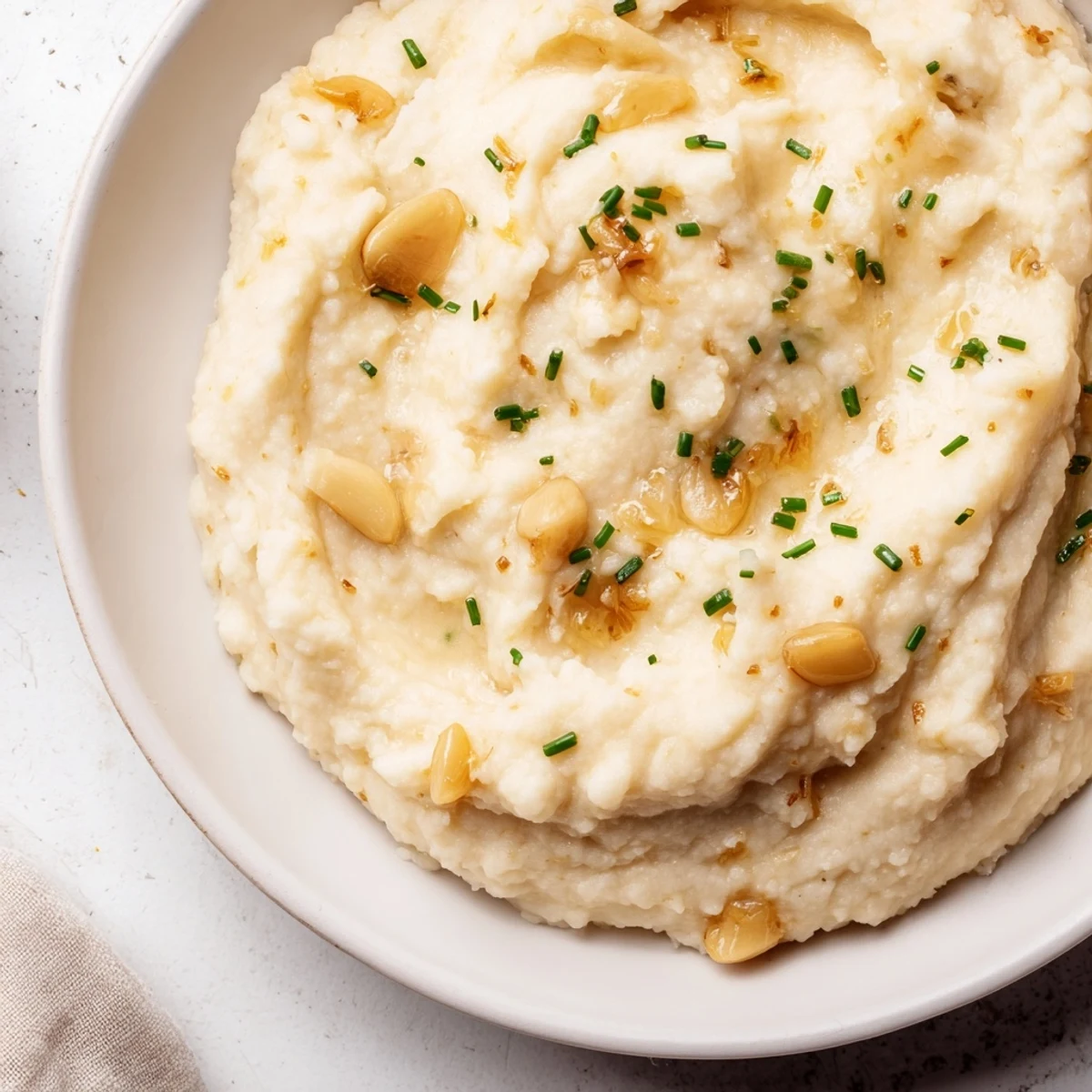 A close-up of creamy roasted garlic mashed cauliflower in a serving dish, with a sprinkle of chives alongside a roasted main course.