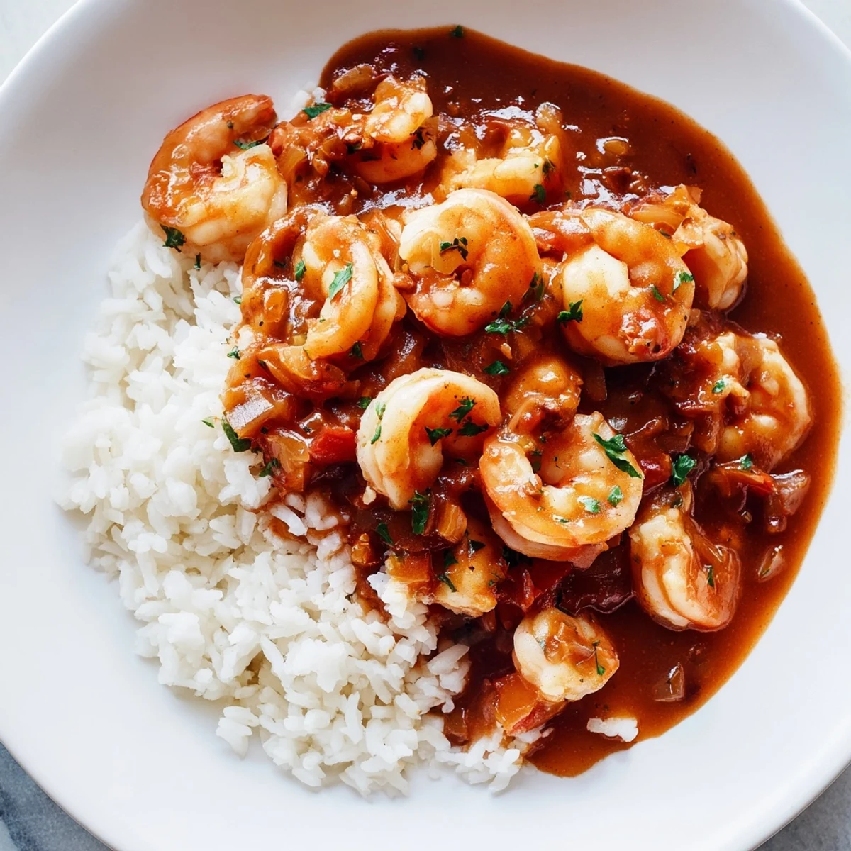 A close-up of Creole Shrimp Étouffée with Fluffy Rice, featuring tender pink shrimp nestled in a rich, roux-based sauce with bell peppers and onions.