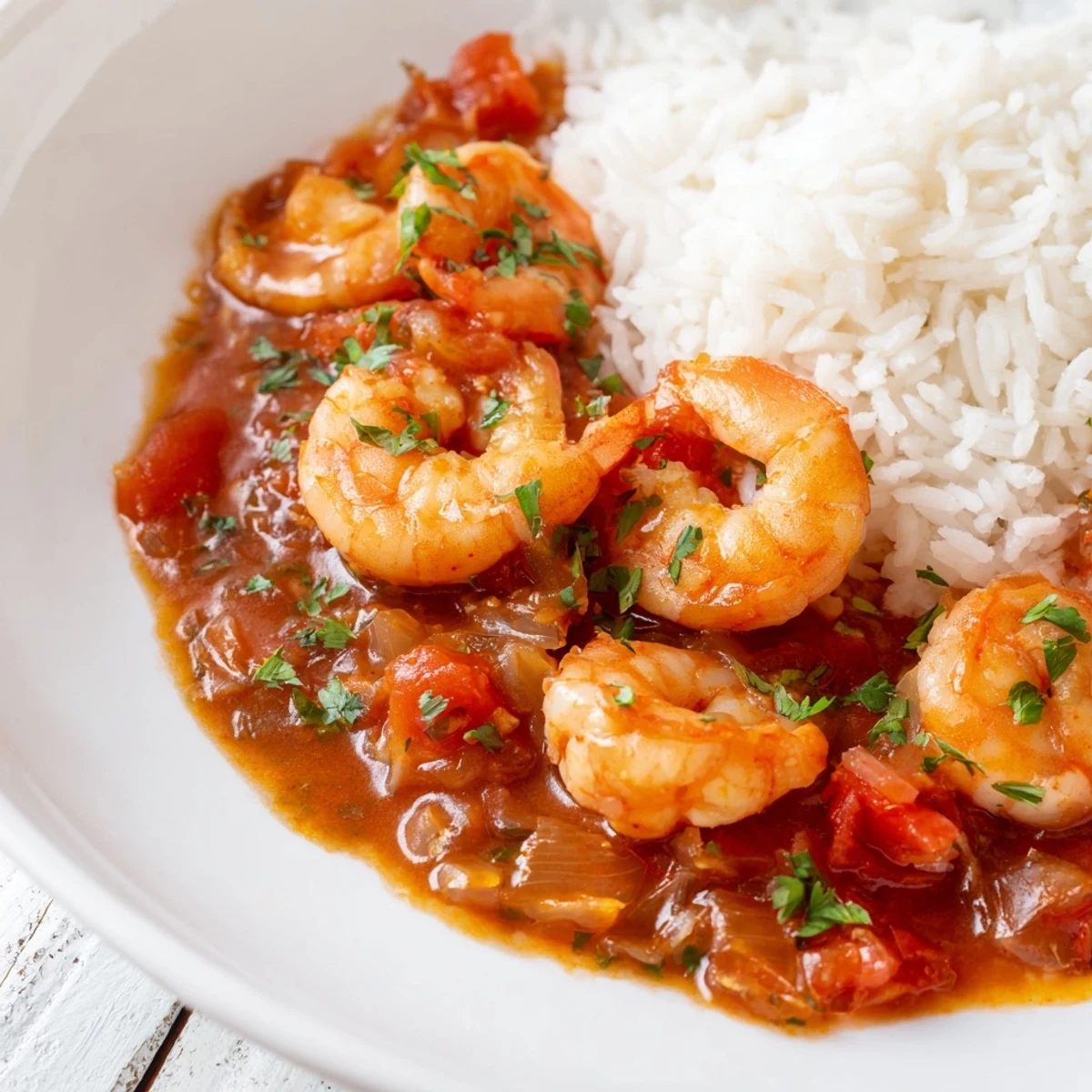 A hearty bowl of Creole Shrimp Étouffée with Fluffy Rice, perfect for a spicy Southern dinner with lemon wedges on the side.