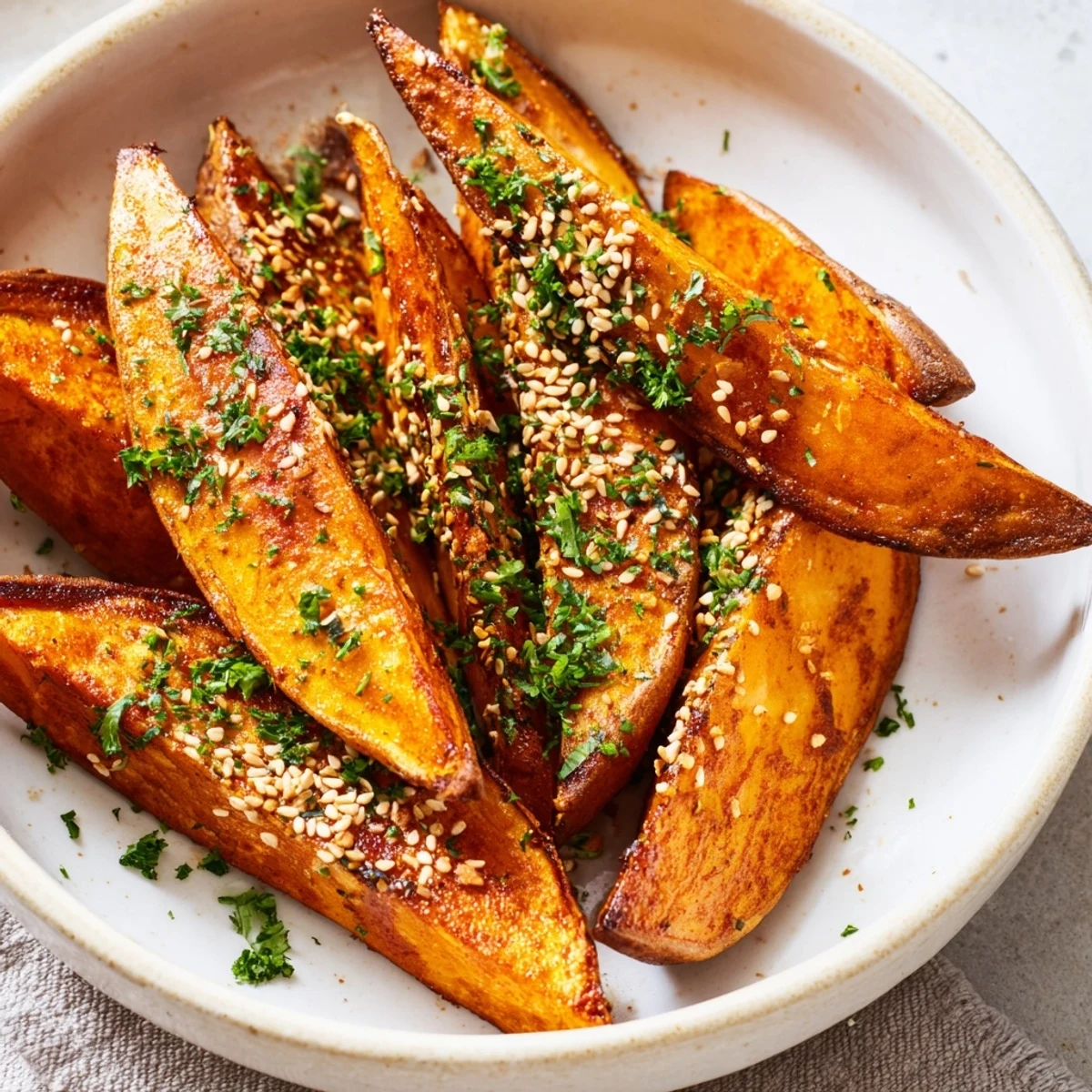 Golden brown roasted sweet potato wedges with cinnamon, paired with a creamy yogurt dip for dipping.