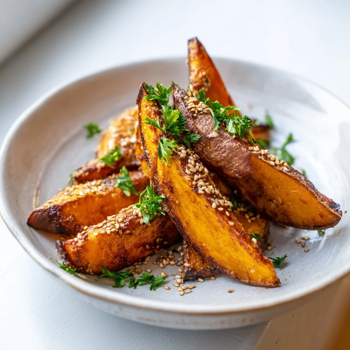 Parchment-lined baking sheet with caramelized roasted sweet potato wedges with cinnamon, garnished with fresh parsley.