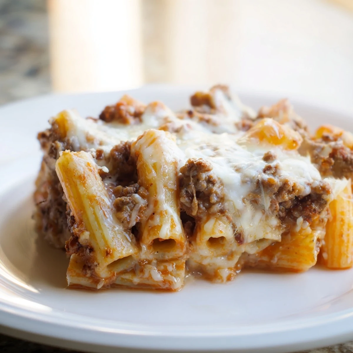 A top-down view of freshly baked ziti with ground beef and mozzarella, featuring golden, bubbly cheese and rich red sauce in a casserole dish.