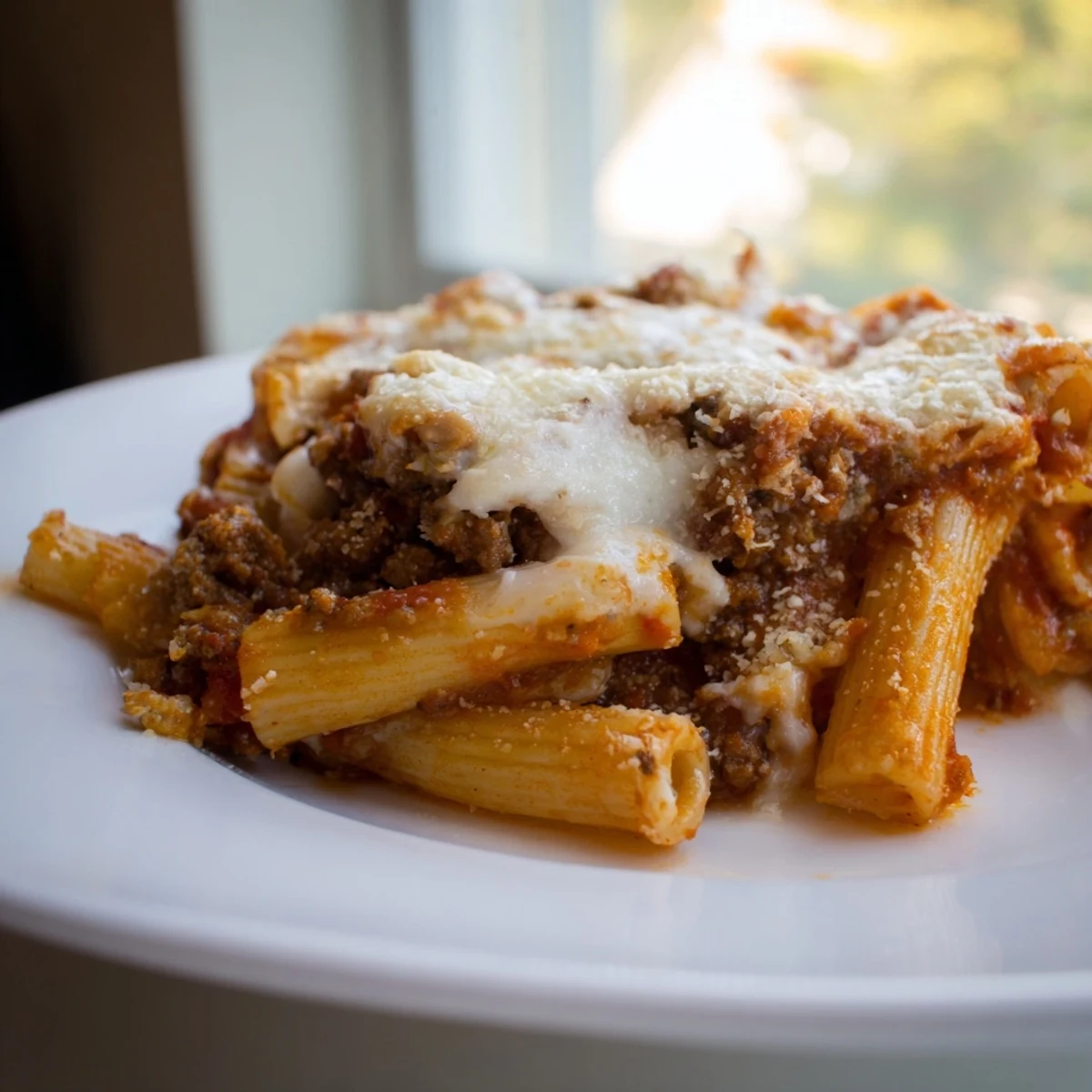 Family-style baked ziti with ground beef and mozzarella served with a fresh basil garnish, perfect for a comforting Italian-American weeknight dinner.
