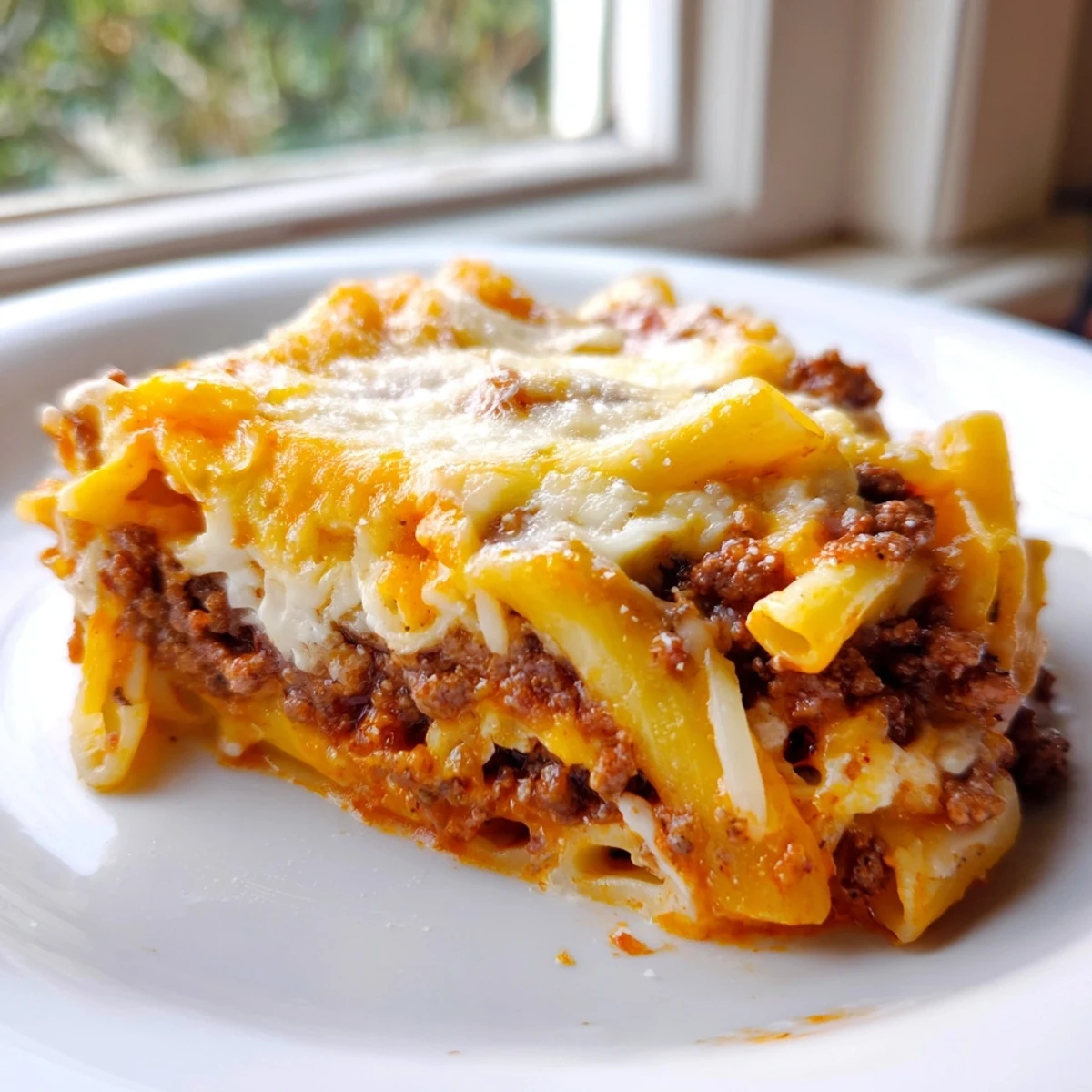 Close-up slice of homemade baked ziti with ground beef and mozzarella, revealing tender pasta, savory meat, and creamy ricotta layers on a rustic table.