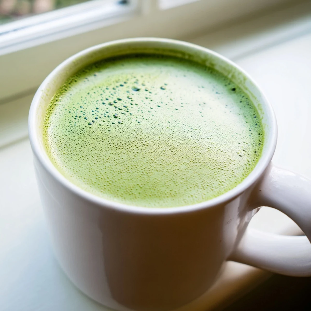 Steam rises gently from a warm Green Matcha Latte with Almond Milk, garnished with a light dusting of matcha powder.