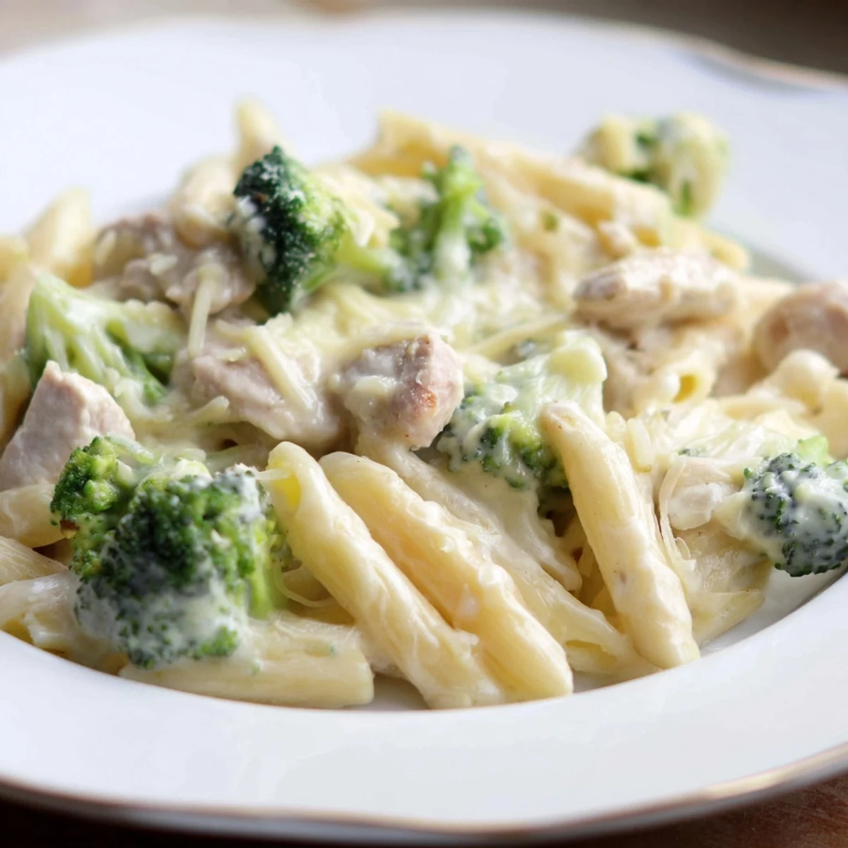 Freshly baked Chicken Alfredo Bake with Broccoli and Cheese bubbling in a glass dish, ready to serve for dinner.