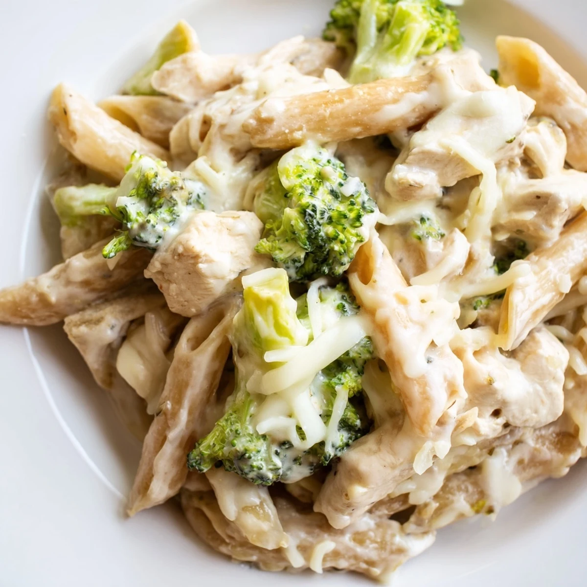 Golden brown cheesy topping on a baked pasta dish with chicken and green broccoli florets in creamy Alfredo sauce.