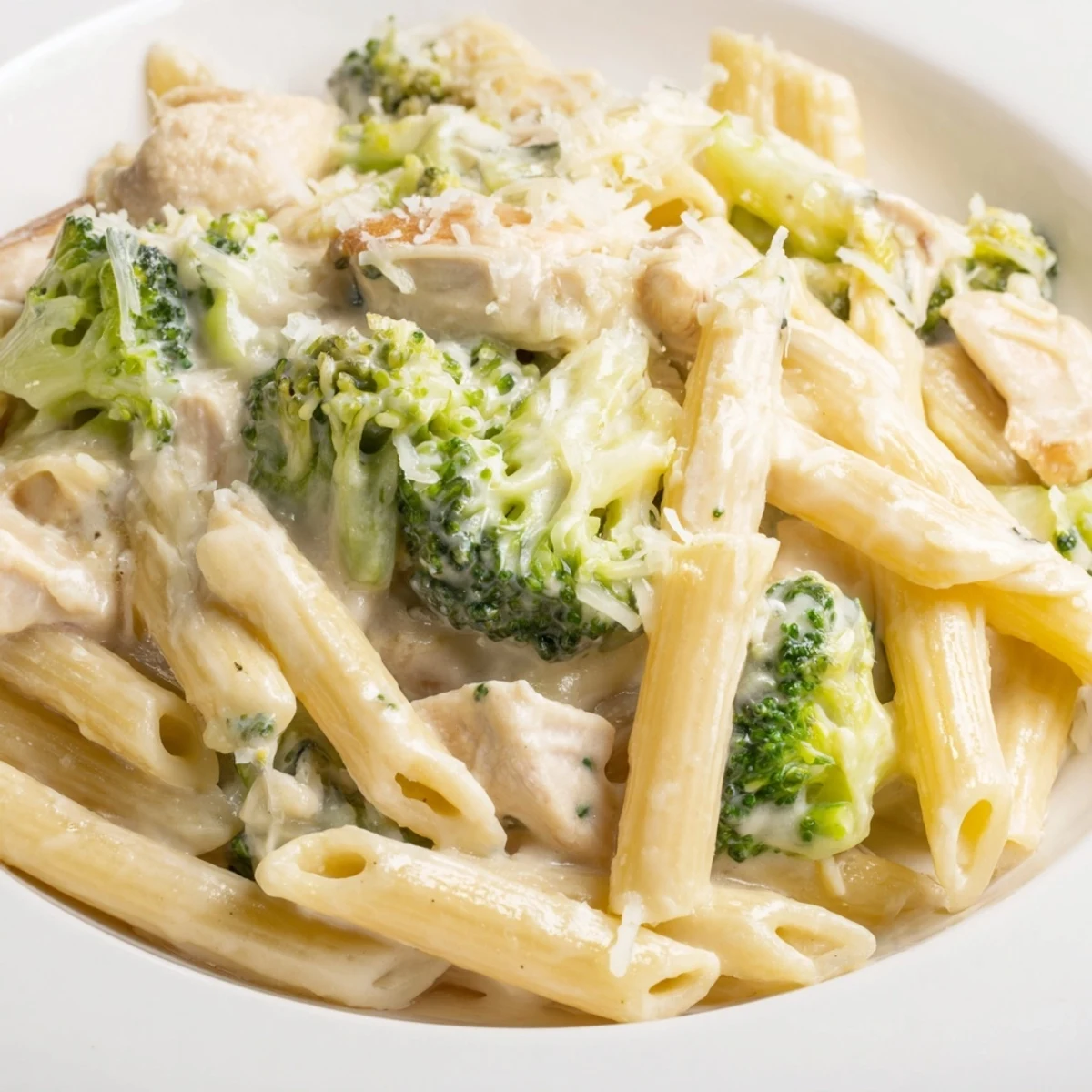 Close-up of tender chicken, penne pasta, and vibrant broccoli smothered in creamy white cheese sauce, baked to perfection.