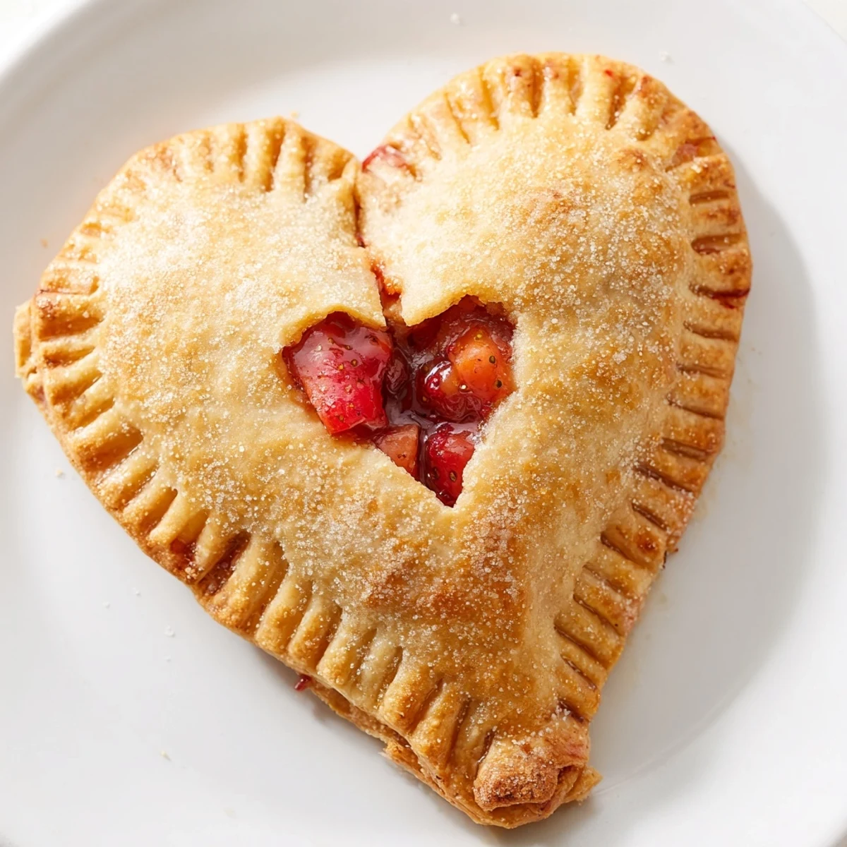 Freshly baked Heart Shaped Strawberry Hand Pies, warm with vibrant red strawberry jam peeking from a sealed heart.  