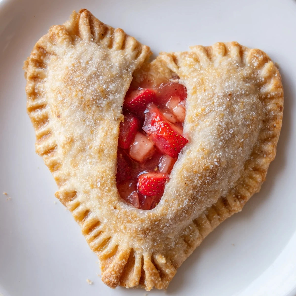 Golden, flaky heart-shaped strawberry hand pies with a glossy sugar crust and fruity filling on a rustic board.  