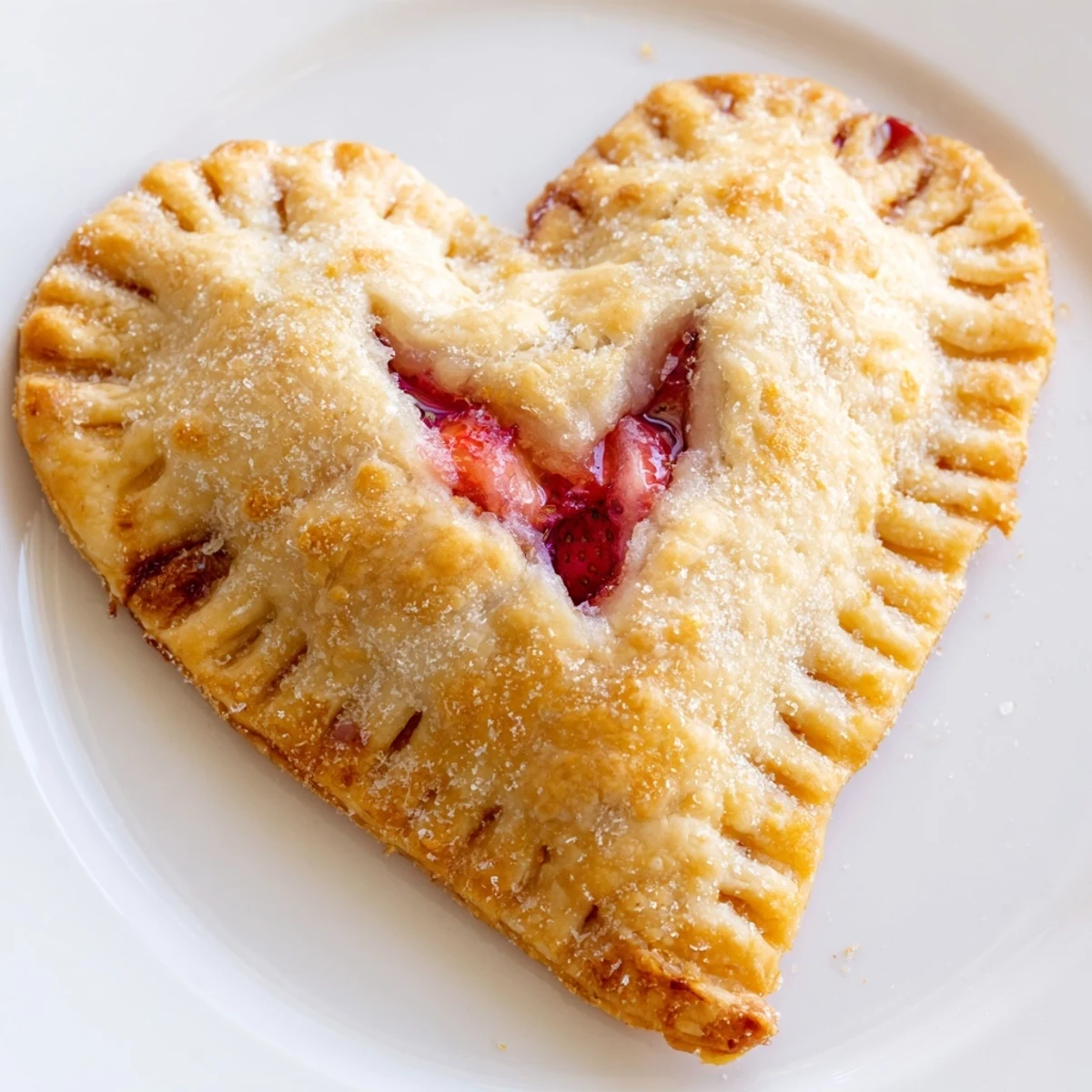 Heart Shaped Strawberry Hand Pies served on a white plate with a drizzle of cream, ready for a romantic treat.