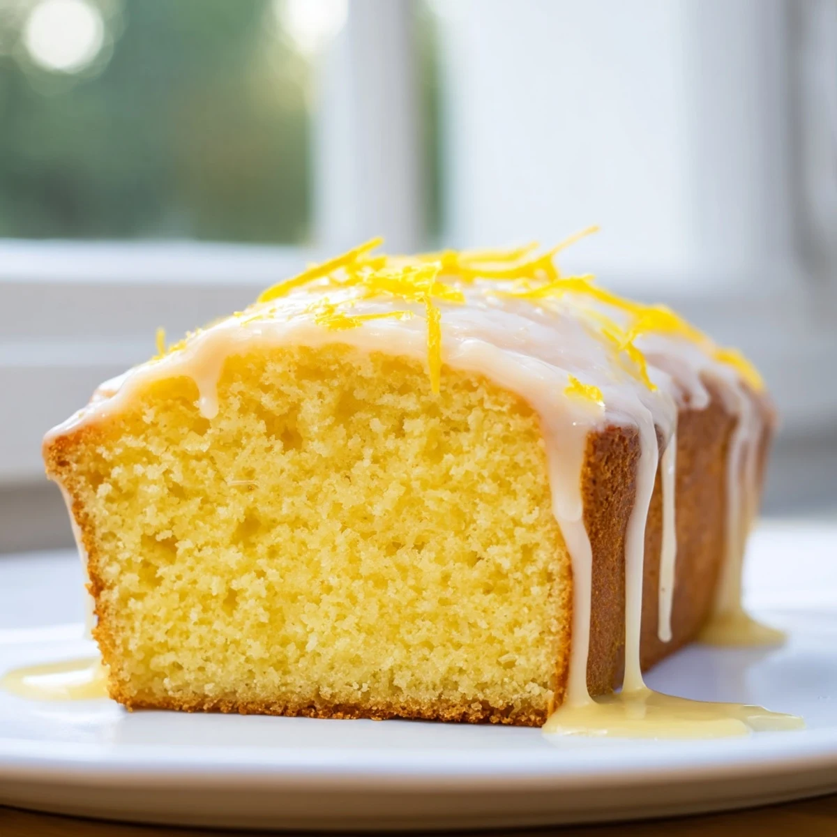 Freshly baked lemon loaf cake with glossy white icing, sliced to reveal a tender crumb, served on a rustic wooden board.