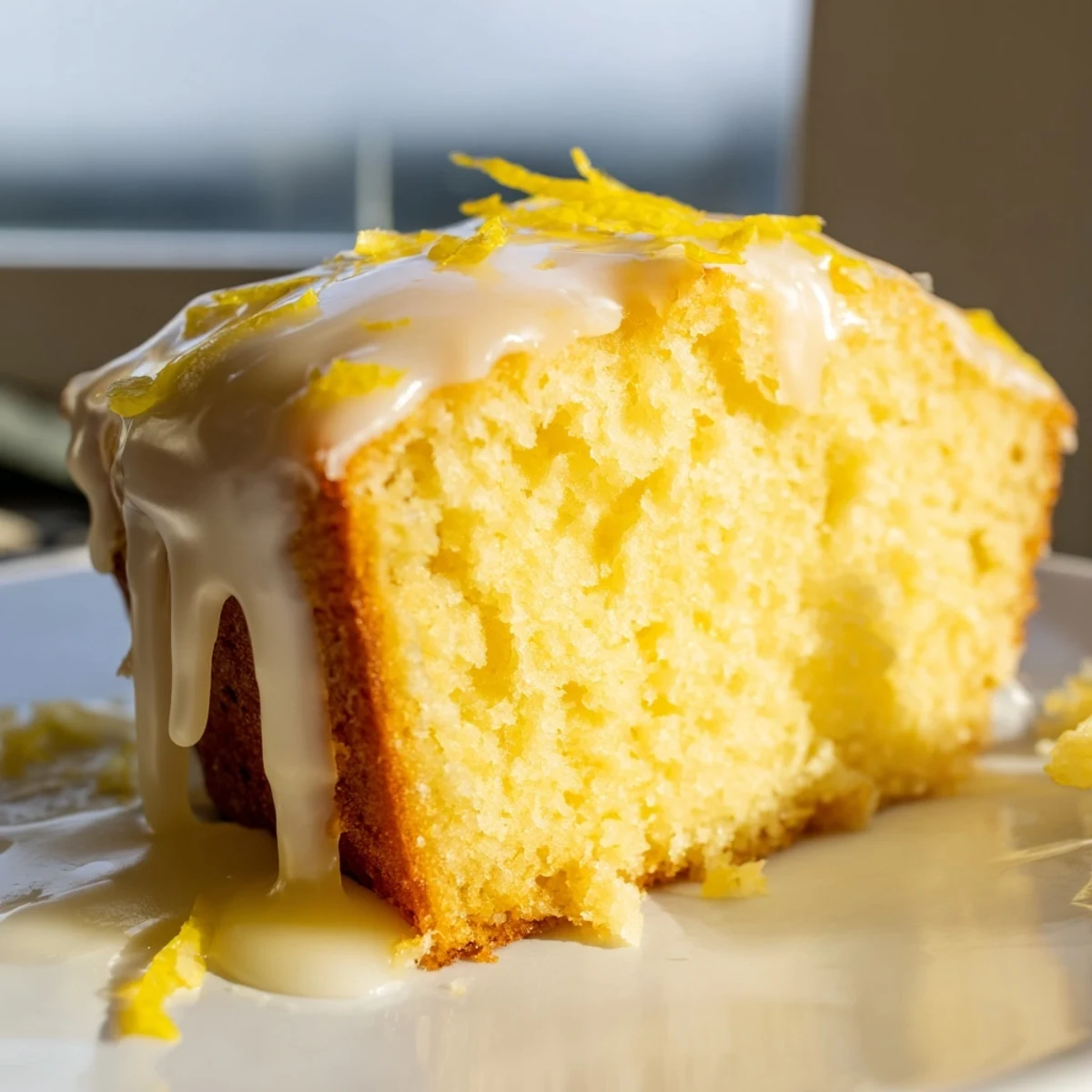 Golden lemon loaf cake with drippy icing and zest garnish, perfect for an afternoon tea or a casual dessert table.