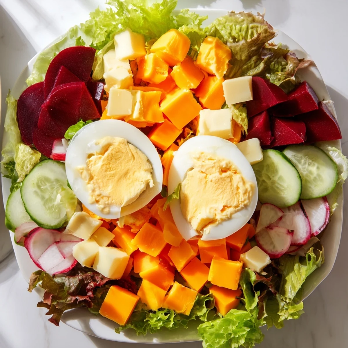 Serving suggestion for Irish Pub Salad with Hard Boiled Eggs, drizzled with dressing over mixed greens and vibrant pickled beets.