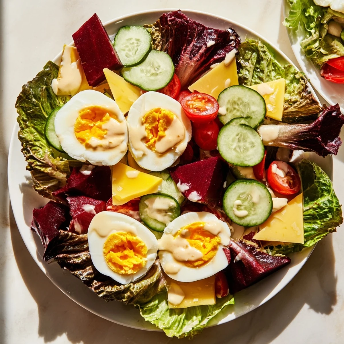 A close-up of Irish Pub Salad with Hard Boiled Eggs on a rustic plate, featuring glossy pickles and creamy cheddar cubes.