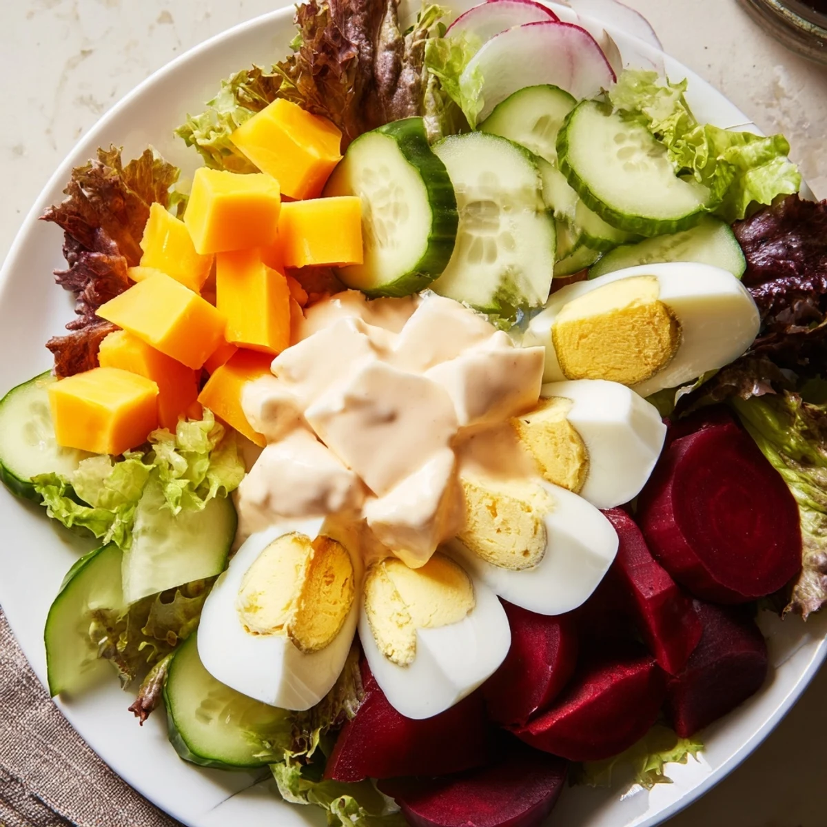 Overhead view of Irish Pub Salad with Hard Boiled Eggs, showcasing halved eggs, sliced cucumbers, and cherry tomatoes on a platter.