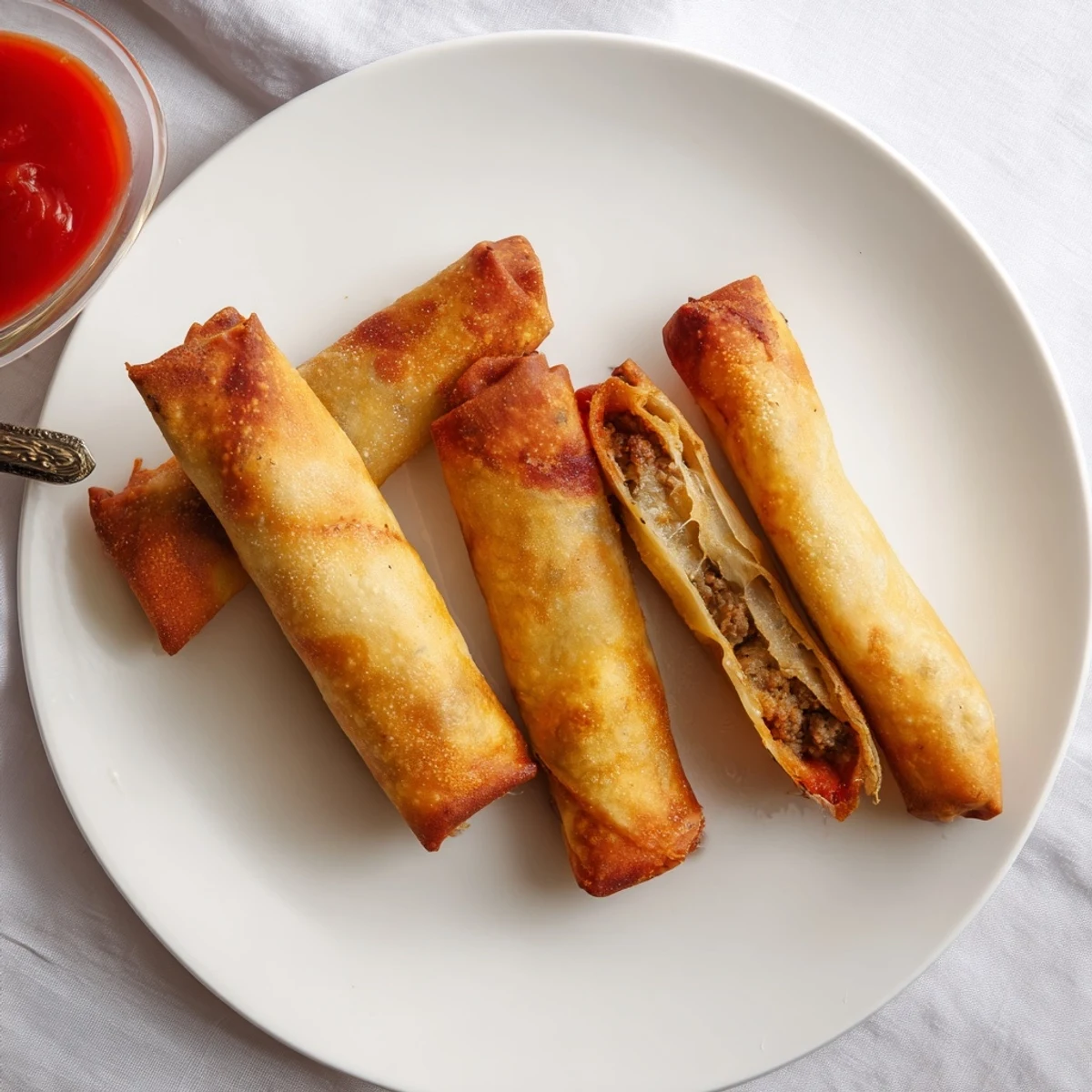 Golden fried Touchdown Pizza Rolls served hot, brushed with olive oil, alongside a small bowl of marinara for dipping.