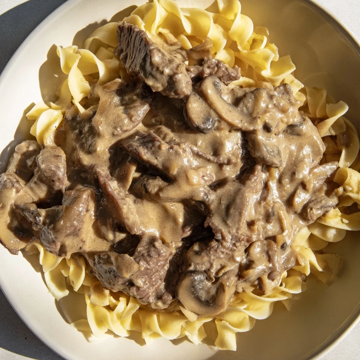 Close-up of tender beef strips coated in creamy mushroom gravy, served over egg noodles for a comforting dinner.