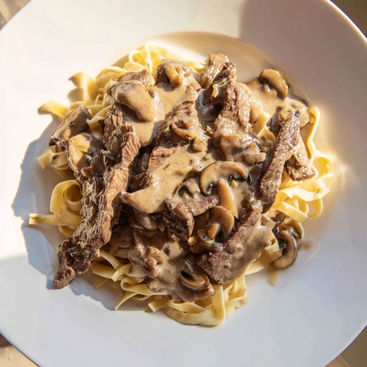 A steaming plate of Beef Stroganoff with Mushroom Gravy over buttery egg noodles, garnished with fresh parsley.