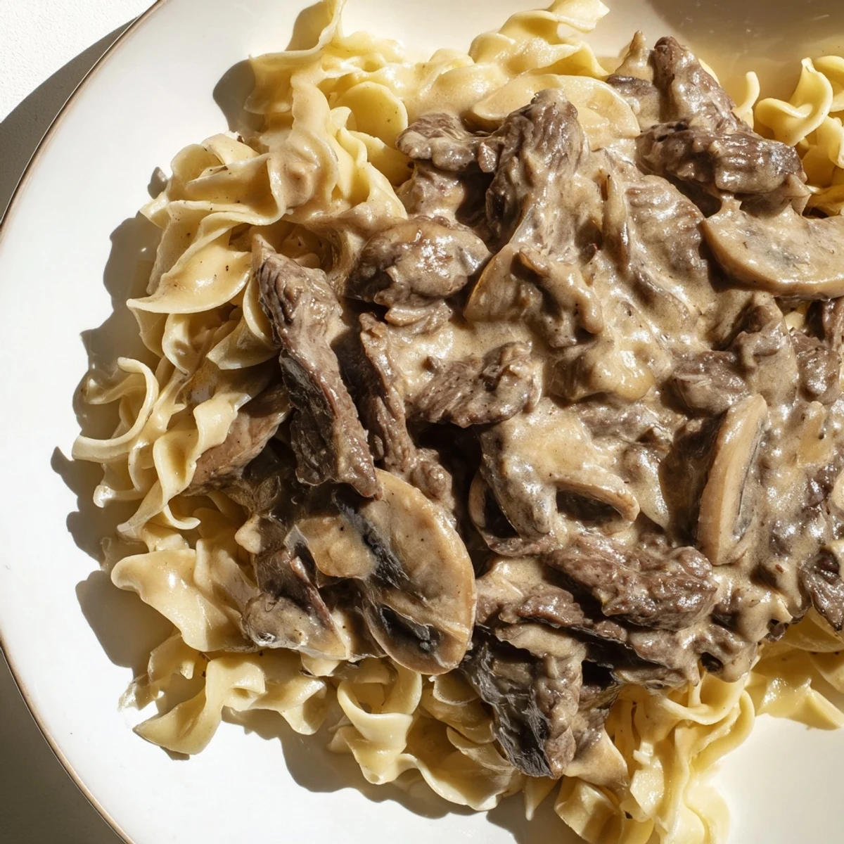 Family-style Beef Stroganoff with Mushroom Gravy served in a rustic skillet, paired with a glass of red wine.
