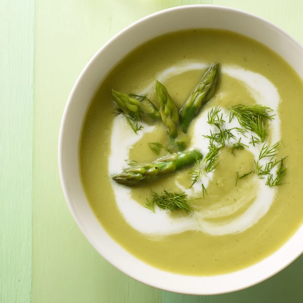 A steaming bowl of Creamy Asparagus Soup with Lemon garnished with fresh chives and a swirl of cream.