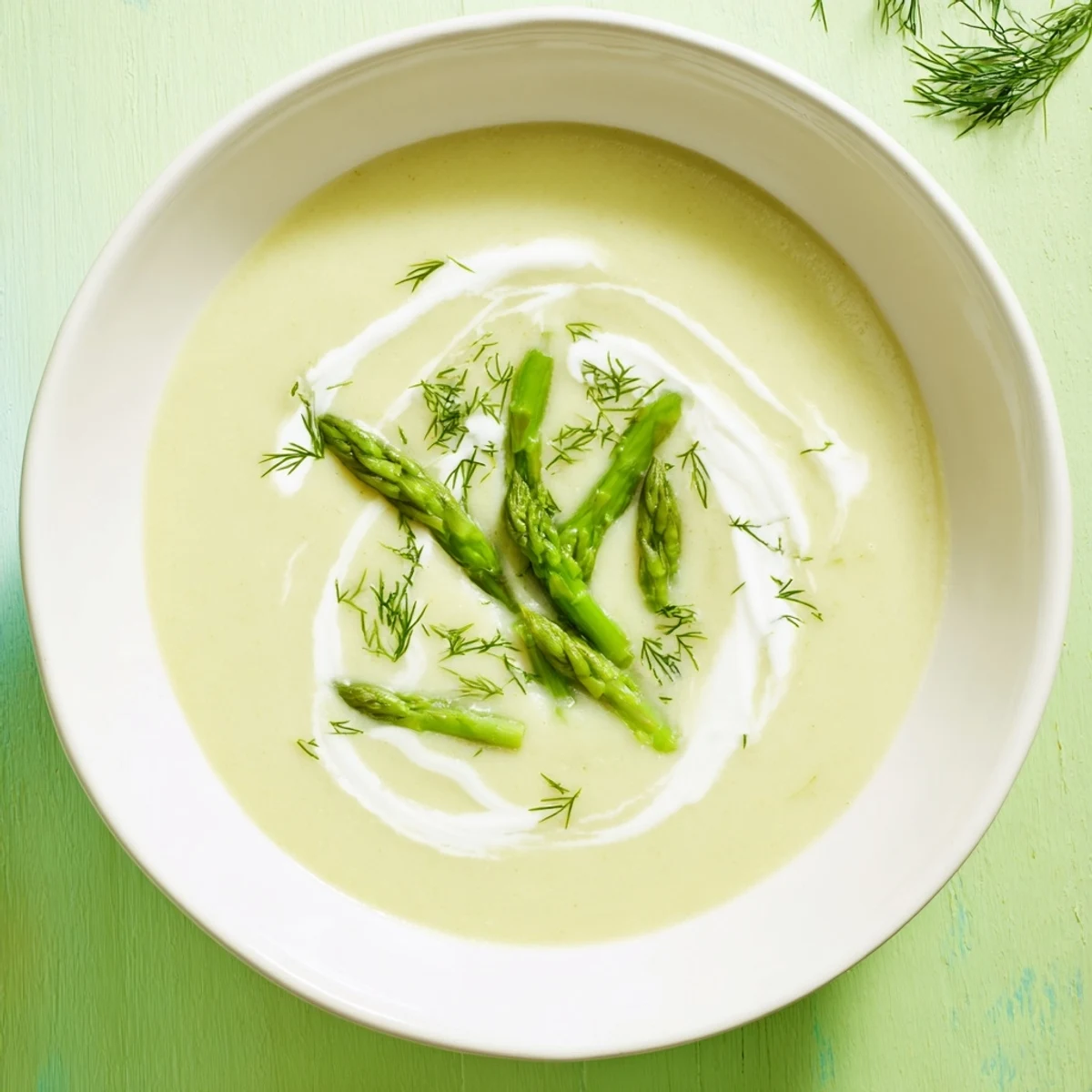 Vibrant green Creamy Asparagus Soup with Lemon served in a rustic white bowl beside crusty bread.