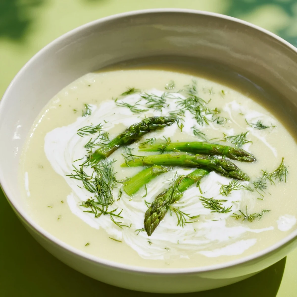 Close-up of velvety Creamy Asparagus Soup with Lemon topped with blanched asparagus tips and lemon zest.