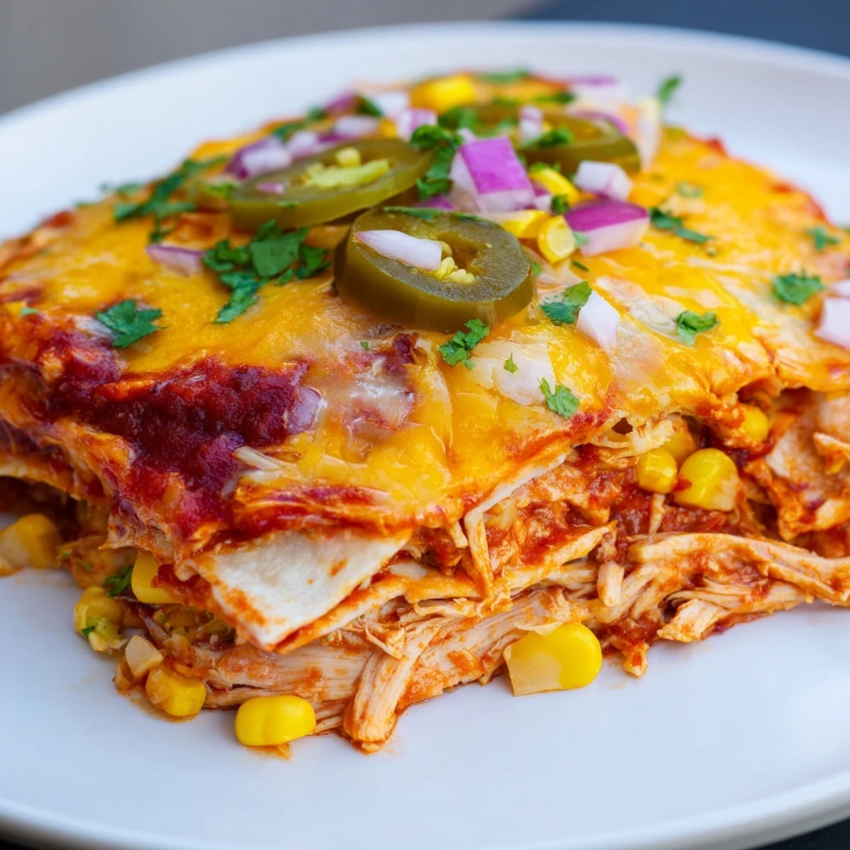The layered casserole reveals tender shredded chicken, corn tortillas, and red sauce after being sliced.