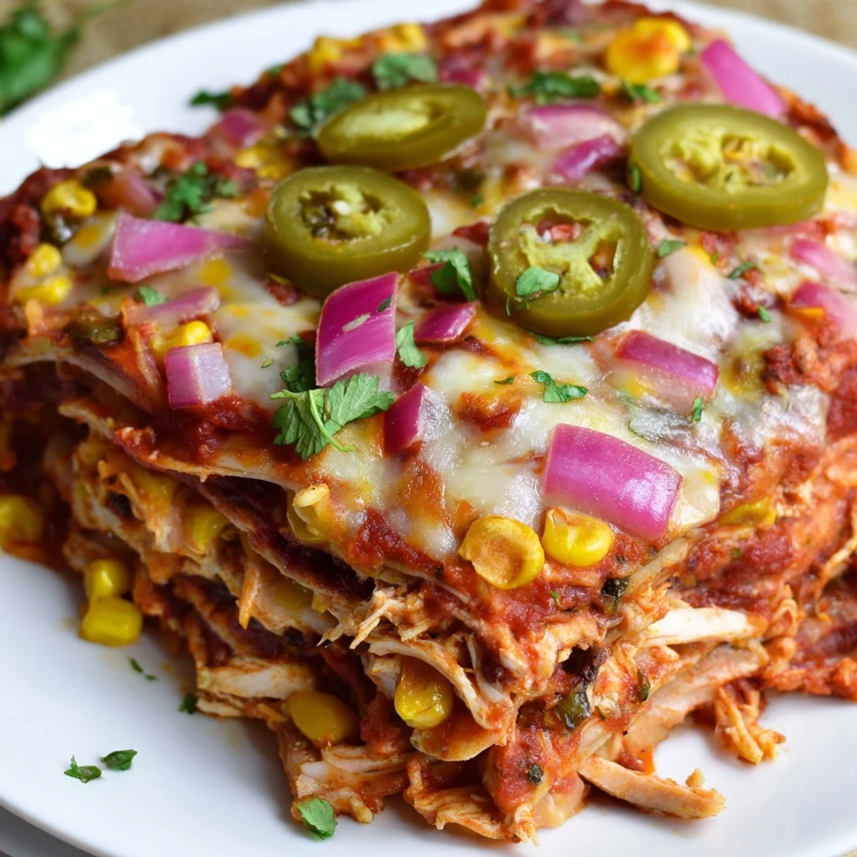 Steam rises from a bubbling Chicken Enchilada Casserole topped with fresh cilantro and jalapeños.