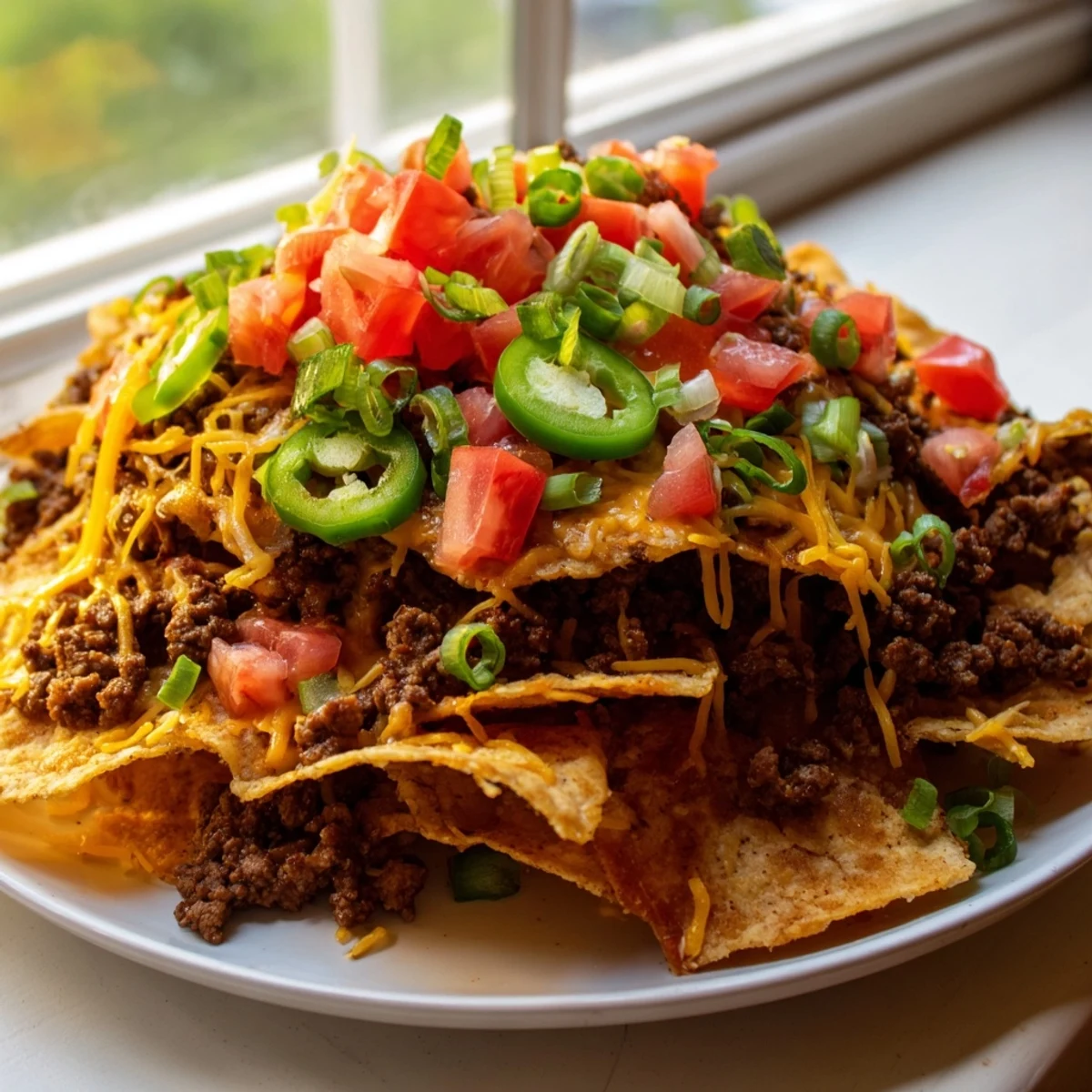 A serving of hot Beef Nachos with Jalapenos and Cheese on a plate, loaded with seasoned beef and melted cheese.