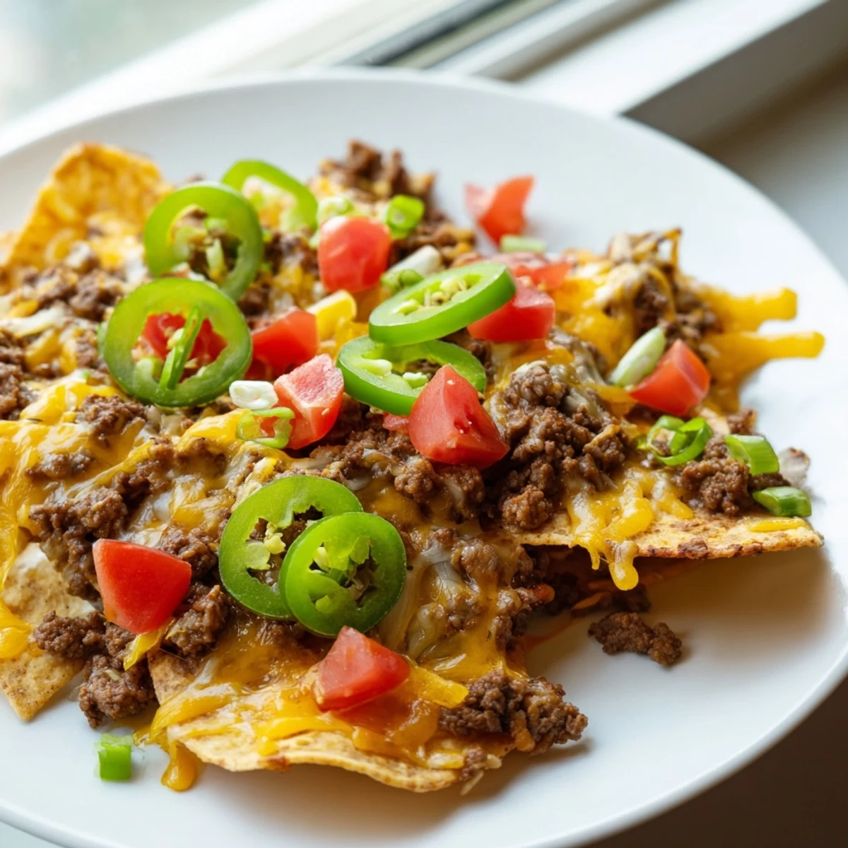 Close-up view of Beef Nachos with Jalapenos and Cheese, featuring crispy chips topped with spicy peppers and sour cream.