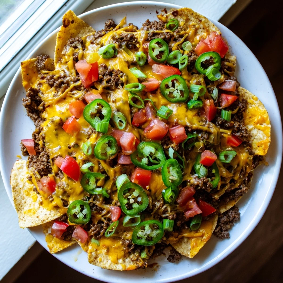Sizzling Beef Nachos with Jalapenos and Cheese ready to serve, garnished with fresh cilantro and lime wedges.