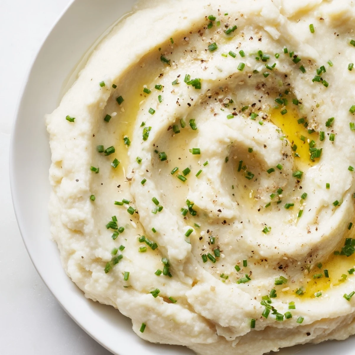 A bowl of creamy roasted garlic mashed cauliflower garnished with fresh chives, perfect for a low-carb side dish.