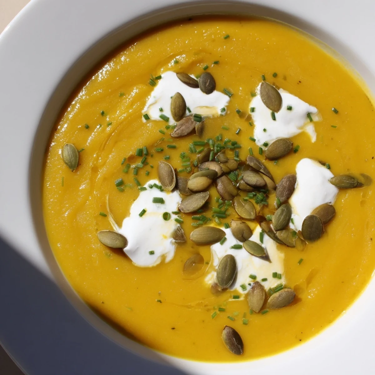 A bowl of warm Winter Squash Soup with Apple, garnished with roasted pumpkin seeds and a swirl of crème fraîche for a cozy meal.