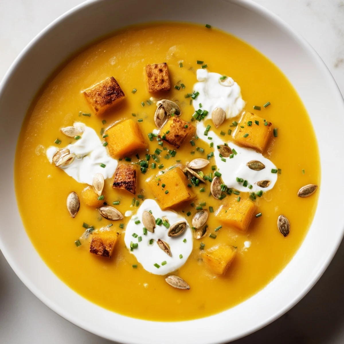 Steaming Winter Squash Soup with Apple, made from roasted butternut squash and tart apples, served with a rustic slice of whole-grain bread.