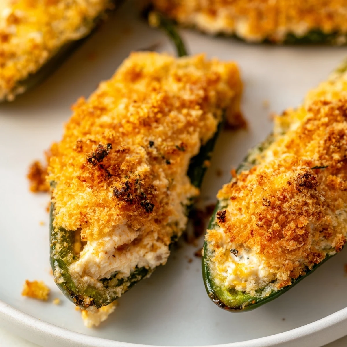 These golden, crunchy jalapeño poppers are stuffed with spicy cream cheese, ideal for game day gatherings.