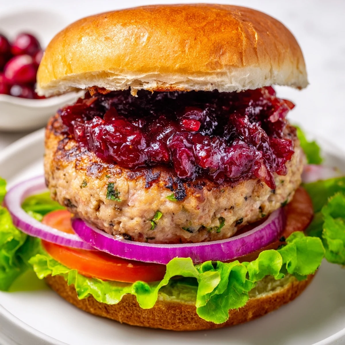 A close-up of juicy turkey burgers with cranberry sauce, lettuce, and tomato on toasted buns, served on a rustic wooden board.