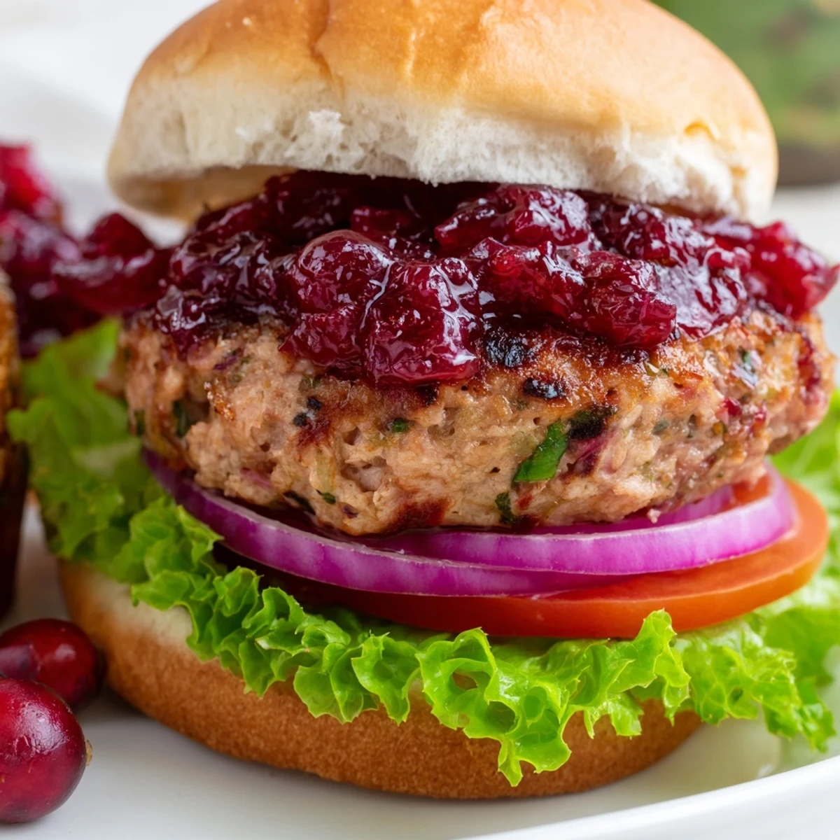 Golden brown turkey burgers topped with vibrant homemade cranberry sauce and fresh red onion slices, ready to be enjoyed on buns.