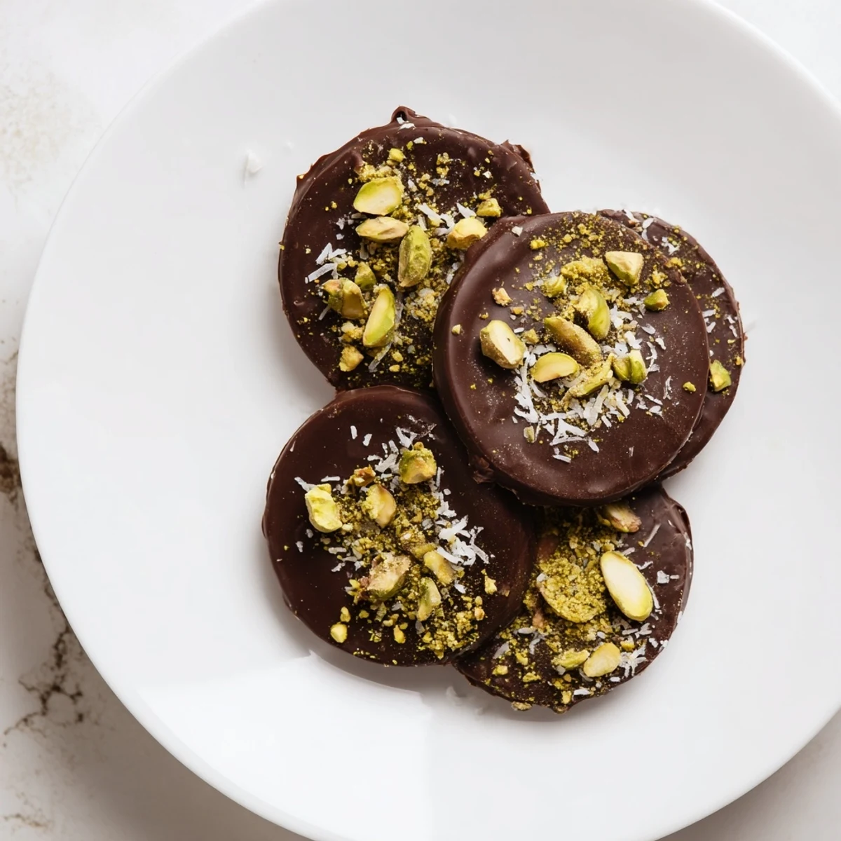 Frozen banana slices coated in rich chocolate, topped with chopped nuts and sprinkles, on a parchment-lined tray.