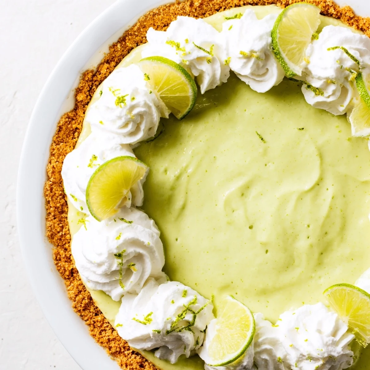A slice of vibrant green key lime pie with a whipped cream topping and lime zest garnish on a plate.