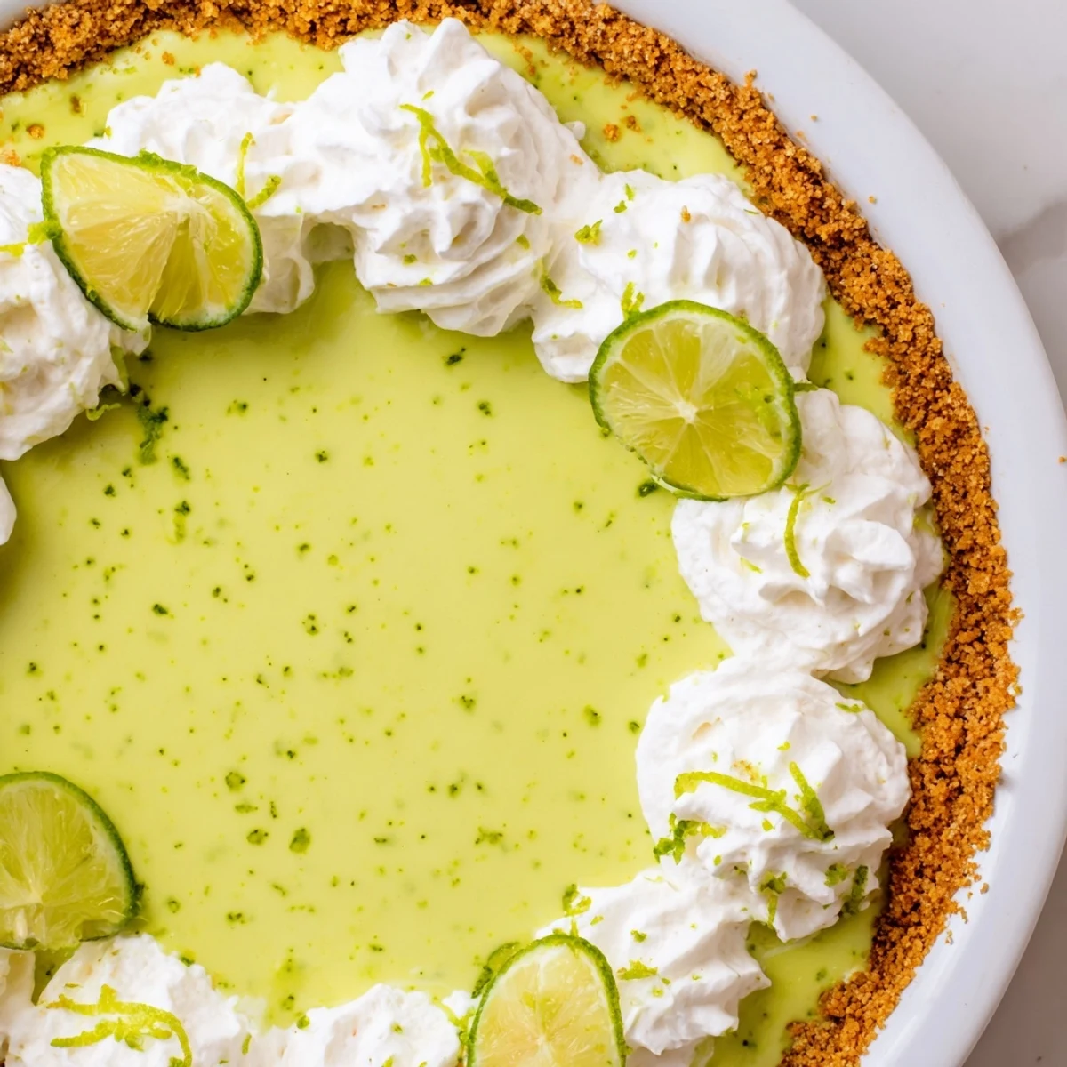 A creamy, tangy-sweet green key lime pie filling in a graham cracker crust, ready to be served.