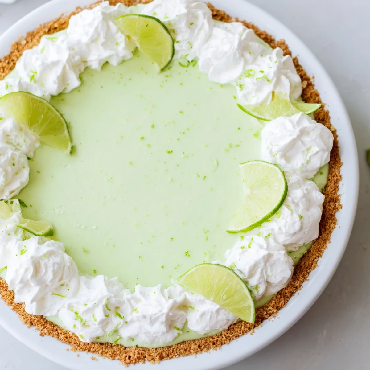 Whole green key lime pie with a golden-brown graham cracker crust and swirls of whipped cream.