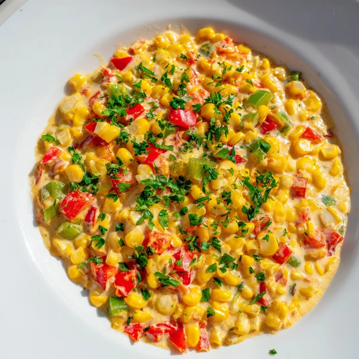 Golden Creole Corn Maque Choux simmering in a skillet with colorful bell peppers, tomatoes, and a creamy, lightly spiced sauce.