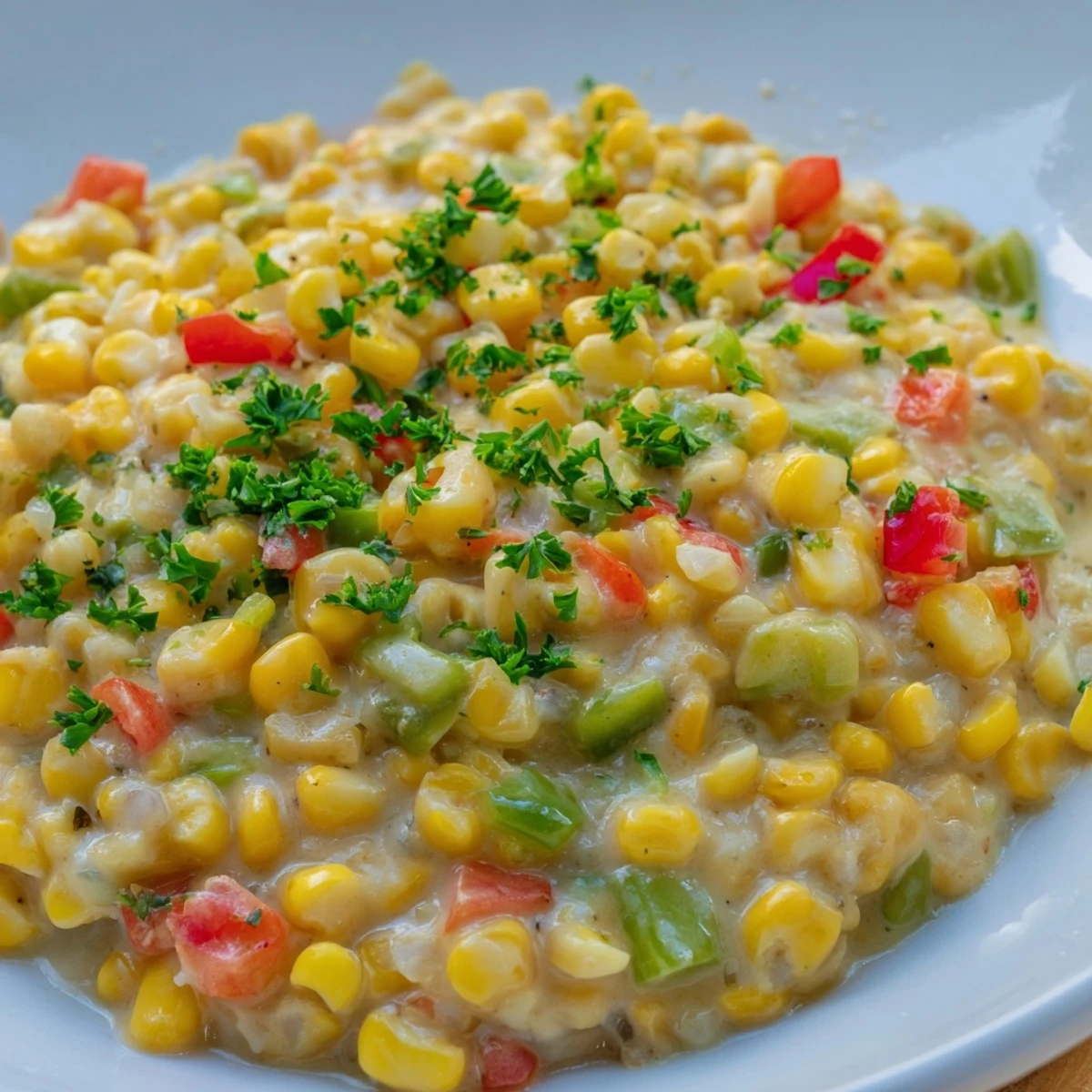 A close-up view of Creole Corn Maque Choux, garnished with fresh parsley and served warm as a vibrant Southern side dish.