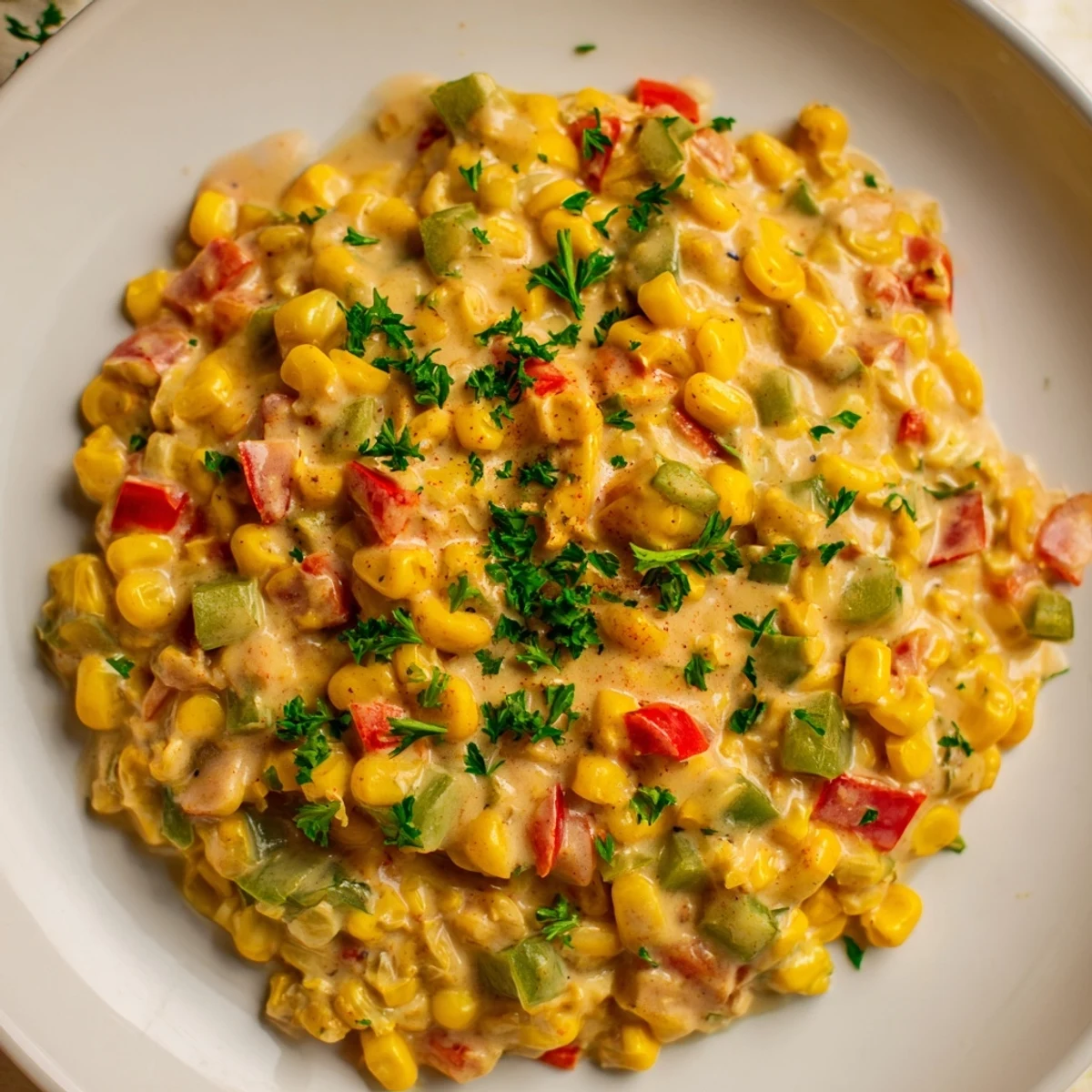 Hearty Creole Corn Maque Choux in a Dutch oven, blending sweet corn, smoky paprika, and a touch of cream for richness.