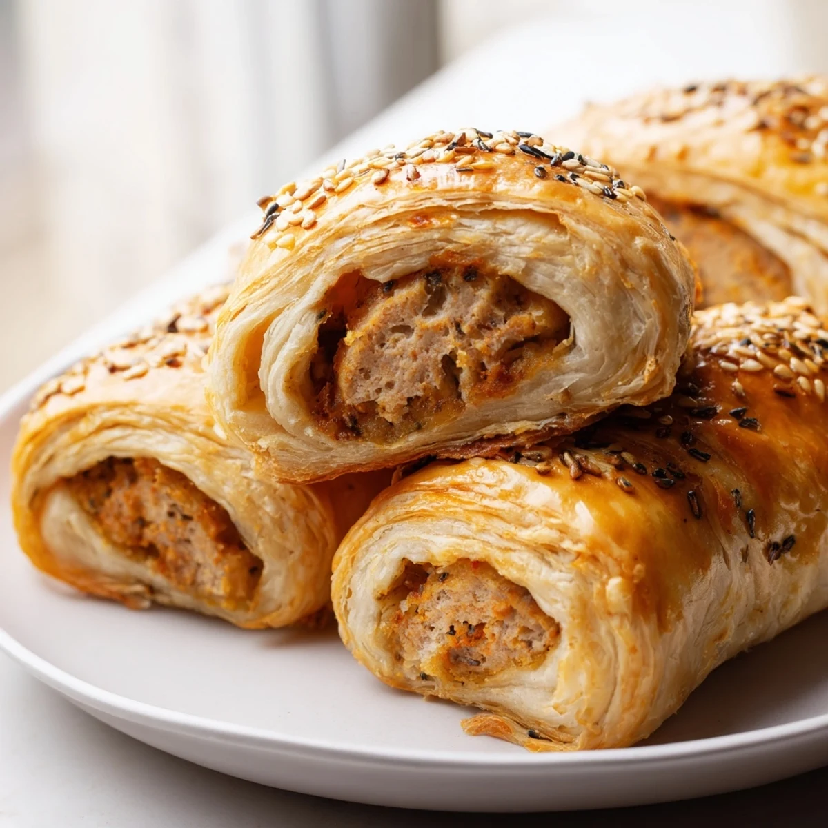 Freshly baked Game Day Sausage Rolls are displayed on a rustic wooden cutting board.  