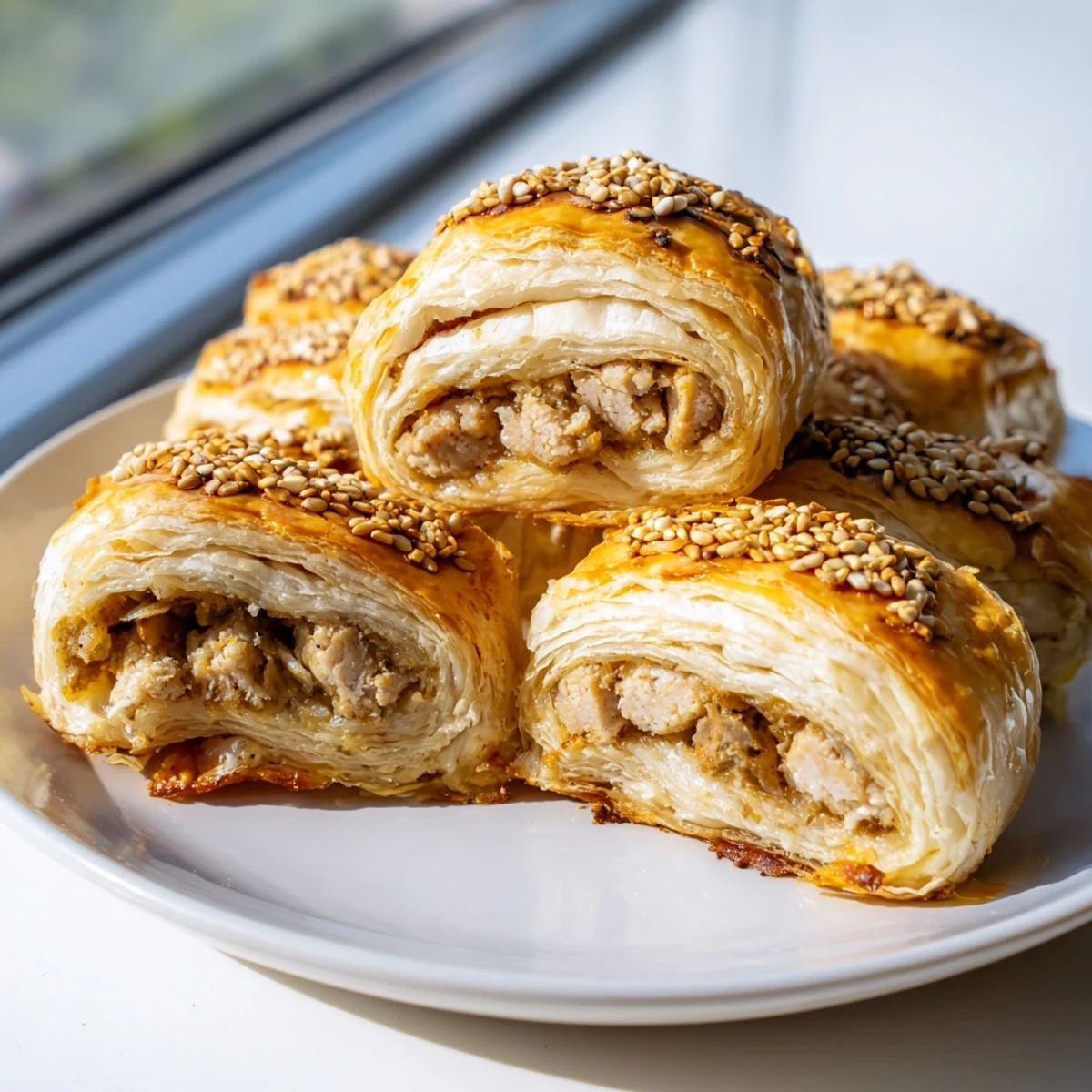 Golden, flaky Game Day Sausage Rolls sit on a wooden platter, ready for a crowd.  